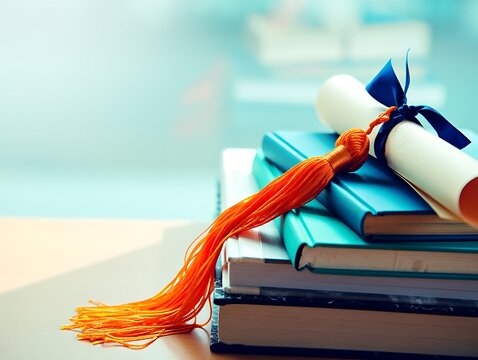 Graduation cap on stacked books with diploma symbolizing academic success, student loans, financial aid, debt repayment assistance, education funding, and future financial planning concepts.