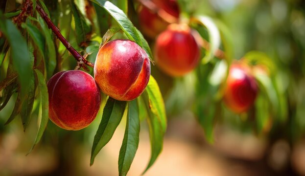 Ripe Nectarines Hanging on a Branch in a Sunny Orchard.