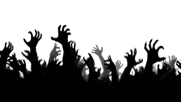 Silhouettes of many zombie hands reaching up from the ground on a white background.