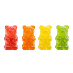 Four gummy bears of different colors isolated on transparent background