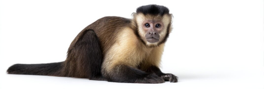 Capuchin monkey lying on white studio background