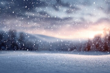 Winter Wonderland Landscape with Falling Snow and Distant Forest at Sunset.