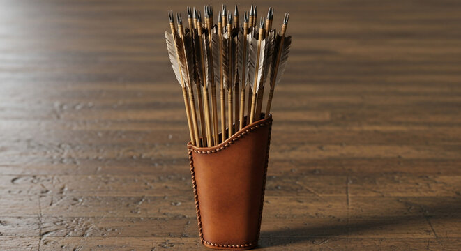 Quiver Full of Arrows: A detailed shot of a quiver filled with arrows, with the texture of wood and feathers, capturing a rustic charm and hint of preparedness. 