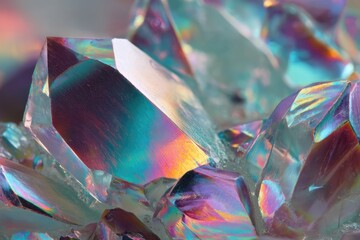 Close-up of iridescent crystal cluster with vibrant rainbow reflections.