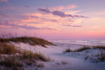 Vibrant Sunset Over Coastal Dunes and Serene Ocean Waters.