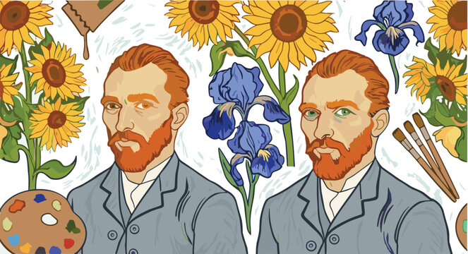 Colorful Vincent van Gogh portrait vector illustration with sunflowers irises paintbrushes and artistic post impressionist style background