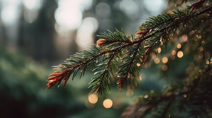 Close-up of a pine tree branch with subtle bokeh lights in the background.