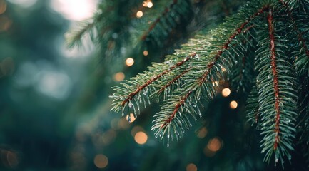 Close-up of a Christmas tree branch with festive bokeh lights.