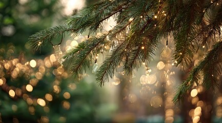 Close-up of Christmas tree branches adorned with sparkling lights.