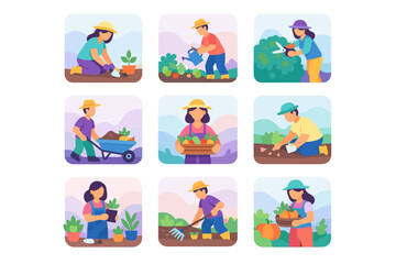Fototapeta premium Gardening work and plant cultivation outdoor activities collection