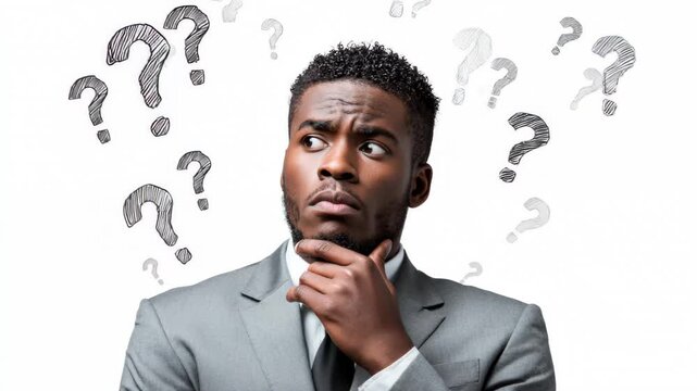 A man with question marks hovering above his head, looking confused and uncertain.
