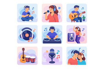 Fototapeta premium Music listening and performance activities scenes collection