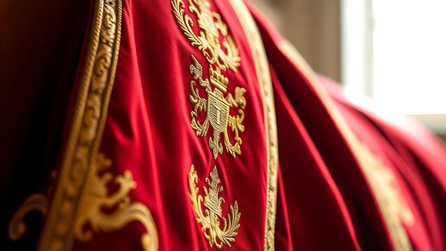 caparison. A close-up of a deep crimson horse caparison richly embroidered with intricate golden heraldic crests. wildlife magazines.
