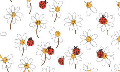 Cute daisy and ladybug seamless pattern vector illustration with hand drawn floral elements on soft background © MdMojnu