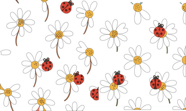 Cute daisy and ladybug seamless pattern vector illustration with hand drawn floral elements on soft background