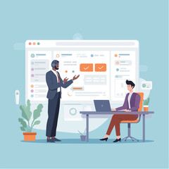 Businessman giving presentation with laptop in office meeting illustration