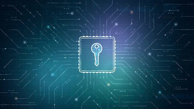 Motion graphic of cybersecurity encryption key on microchip circuit board, illustrating data security, network protection and digital privacy for technology business presentations.
