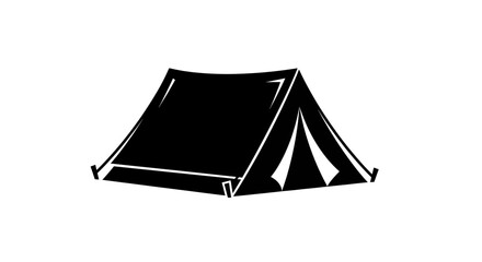 A black and white illustration of a simple tent pitched on a flat surface © Mamun