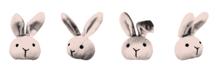 Obraz premium Retro halftone Easter bunny collage Set. Vintage photocopy stipple effect rabbit sticker. Cut out of magazine scrapbook Easter elements. Vector illustration