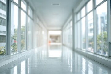 Blurred Empty Corridor with Large Windows and Bright Light.
