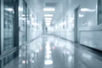 Blurred hospital corridor with bright lights and reflective floors, creating a sense of depth and sterile environment.