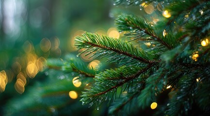 Close-up of a Christmas tree branch adorned with warm, glowing fairy lights, creating a festive and cozy atmosphere.