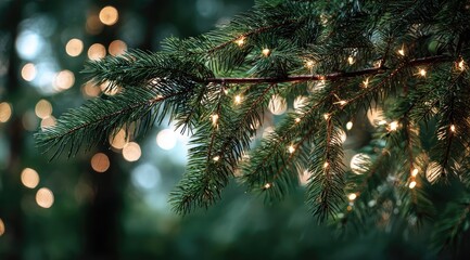 Close-up of Christmas tree branch with sparkling fairy lights and bokeh background.