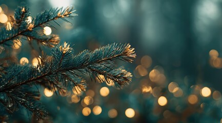 Close-up of a Christmas tree branch adorned with sparkling golden lights, creating a festive and magical atmosphere.