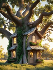 Fototapeta premium Whimsical fairy treehouse fantasy illustration