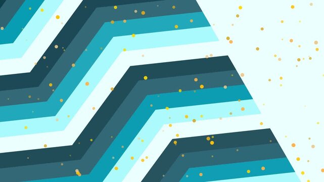 Dynamic Chevron Pattern with Blue Hues and Golden Confetti on White Background, Viewed from a Straight-On Perspective