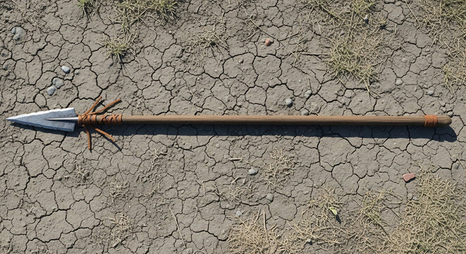 Ancient Spear Laid on Ground: A weathered spear, an artifact of a forgotten era, lies solitary upon a cracked earth, evoking a sense of history and the passage of time.