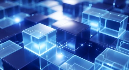 Obraz premium Glowing blue cubes in futuristic technology landscape with neon connections