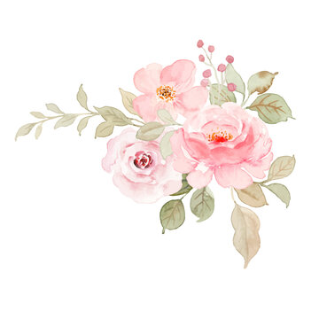Floral design elements set, watercolor pink roses bouquet, red poppy field border, and wild spring flowers collection isolated on black background.