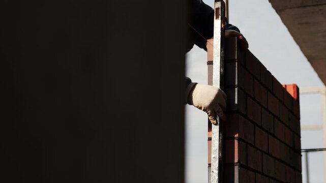 Builder aligning brick wall with level tool
