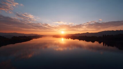 Obraz premium Serene sunrise over a tranquil river casting vibrant reflections on the calm water under a colorful sky