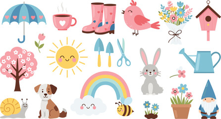 Cute Spring Garden Elements Collection with Flowers Animals Rainbow and Sunny Weather Vector Illustration Set © MdMojnu