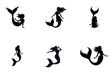 Obraz premium Mermaid Silhouette Set Black Vector Illustration