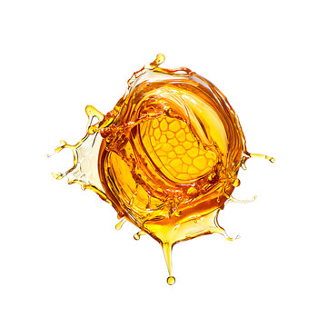 Golden liquid splash with droplets isolated on transparent background