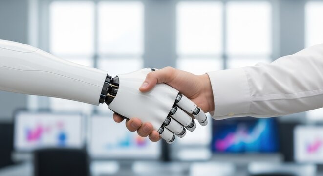 Close-up of a handshake between a robot and a businessman in an office: concept of a successful interview, closing a deal, future HR management and hiring the best candidate using artificial