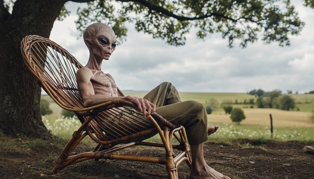 Grey alien creature sitting in a wicker chair under a tree outdoors