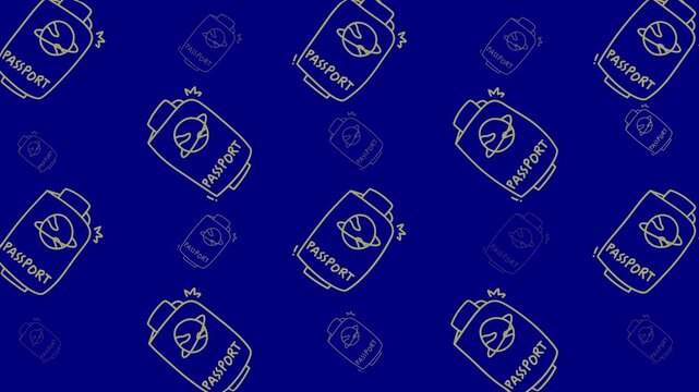 Holiday doodle wallpaper features repeating passports on blue background, ideal for seasonal greetings with whimsical vacationthemed illustrations. Perfect for travelrelated designs.