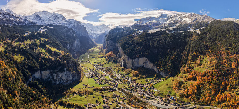 Lauterbrunnen valley aerial panoramic view showing U shaped glacier valley cliff walls and village. Lauterbrunnen, Canton of Bern, Switzerland.