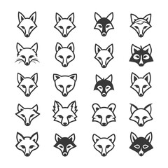 Fototapeta premium A Set of 20 Fox Head Icons in Black and White Outline Styles