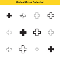 Obraz premium Medical cross symbols represent health and care services in various graphic styles.