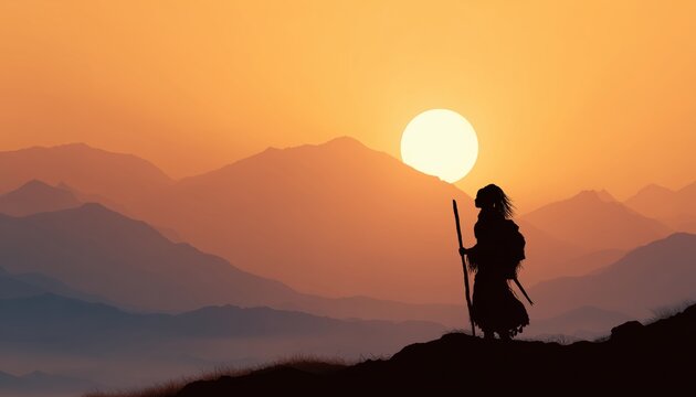 Beautiful Mountains: Silhouette Of Woman Shaman Holding A Pikestaff, Standing In The Sun'S Glow