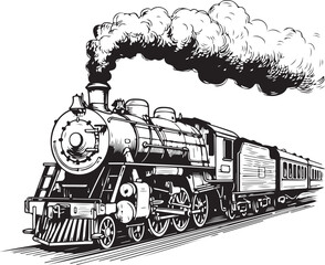 Classic steam locomotive traveling through an open countryside with billowing smoke. Vector, illustration © CREATIVE DESIGN