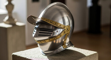 Ancient Armor: A gleaming knight's helmet, reflecting the grandeur of a bygone era, sits poised as a testament to history and craftsmanship, capturing the essence of medieval times.