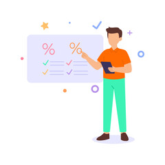 Reviewing Quiz Results, Analyzing student scores and performance data, Flat vector character illustration