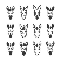 Fototapeta premium A Set of Twelve Zebra and Donkey Heads in Black and White