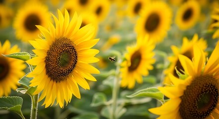 Fototapeta premium A close-up of sunflowers in a field with a bee in flight, warm sunlight